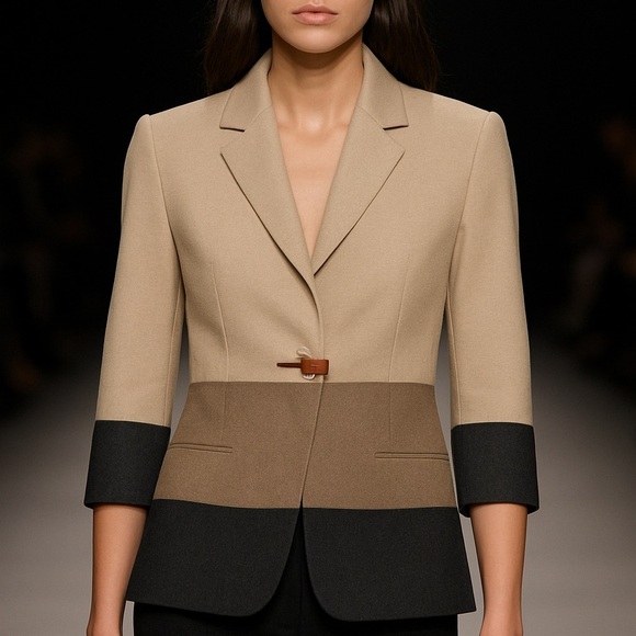 LES COPAINS Elegant Tan and Black Women's Blazer 3 Tone Textured 3/4 Sleeve 42 - Picture 1 of 9